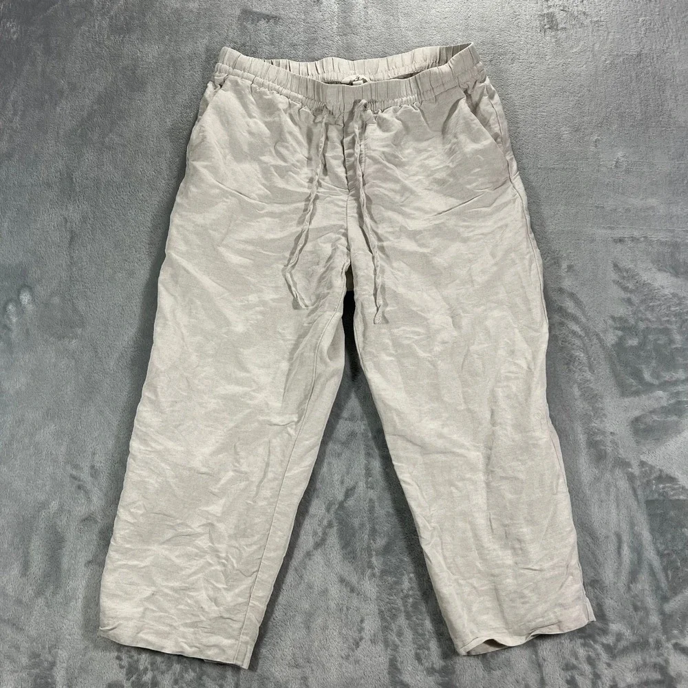 H&M Linen Blend Pants Womens Medium Beige Relaxed Drawstring Wide Leg
